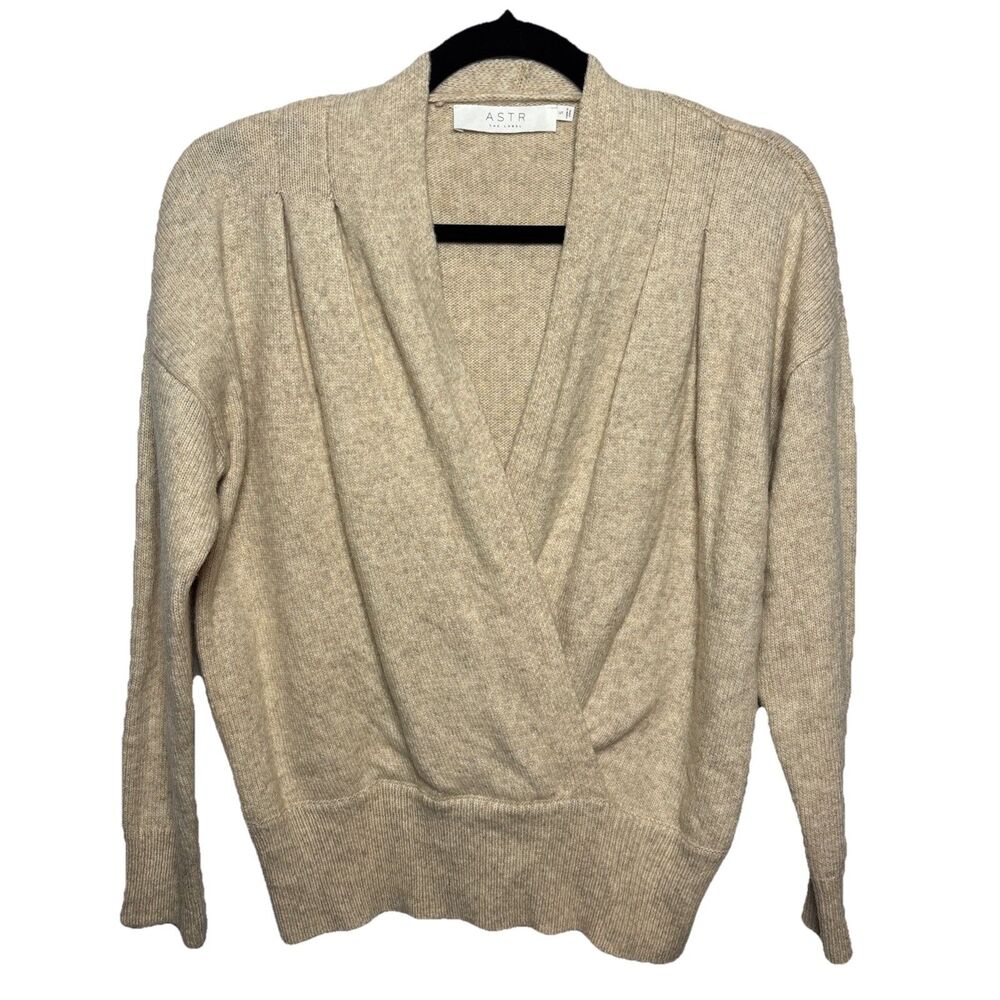 ASTR The Label Wrap Deep V Sweater Women Sz S Tan Wool Preppy Luxe Old Money
